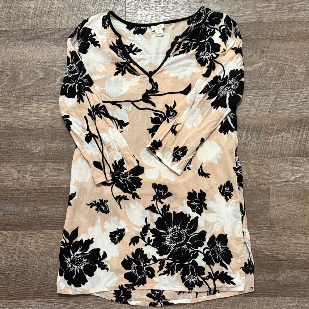 J. Crew Black and White Floral V-Neck Tunic Blouse